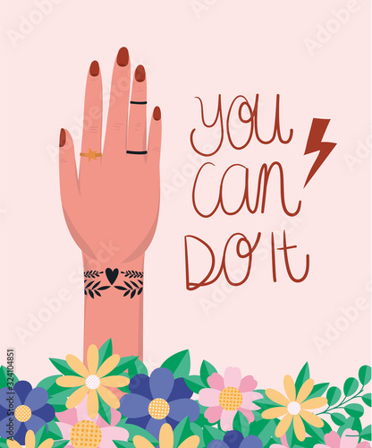 Hand with flowers and leaves of women empowerment vector design
