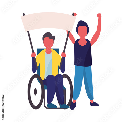 activist men in wheelchair with protest banner