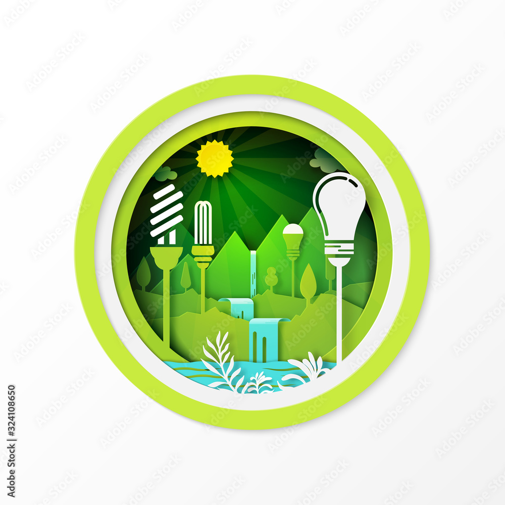 Paper art of green eco friendly energy with hydropower,hydroelectricity and renewable energy.Vector illustration. Paper art of green eco friendly energy with hydropower,hydroelectricity and renewable energy.Vector illustration.
