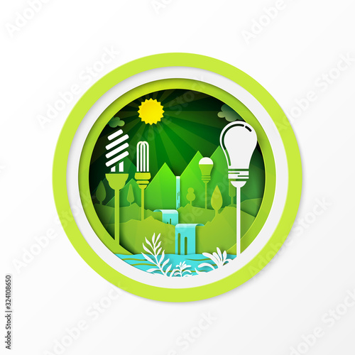 Paper art of green eco friendly energy with hydropower,hydroelectricity and renewable energy.Vector illustration.