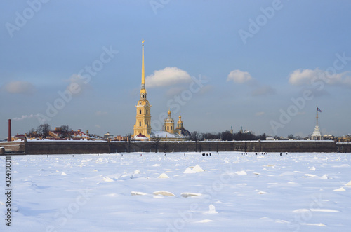 Frozen Neva river and Peter and Paul fortress. photo