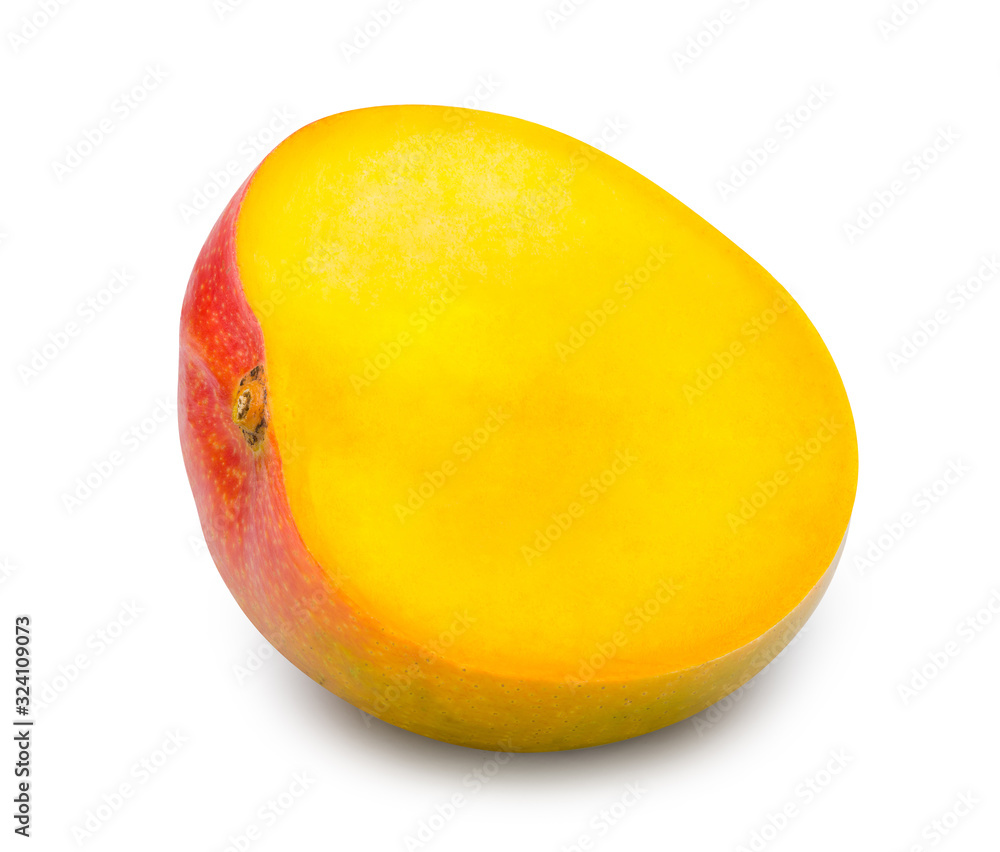 Ripe mango cut in half isolated on white with clipping path. - obrazy, fototapety, plakaty 