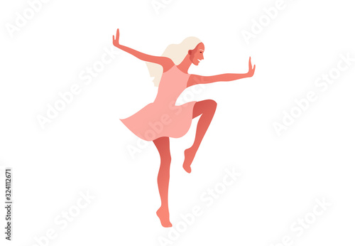 International Women s Day. 8 March. Happy sexy girl in oink dress dancing in the street. Vector template with beautiful woman for card, poster or flyer.