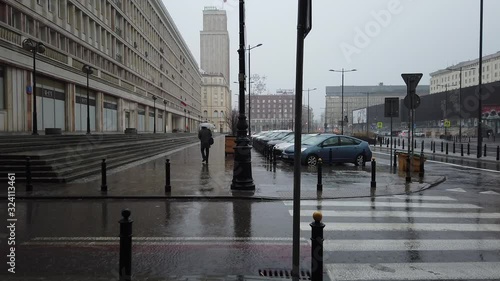 Rain pouring on the city of Warsaw, Poland - wide shot photo