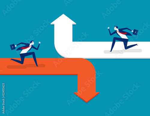 Running on the different arrow opposite direction. Concept business directional illustration, Flat cartoon vector design.