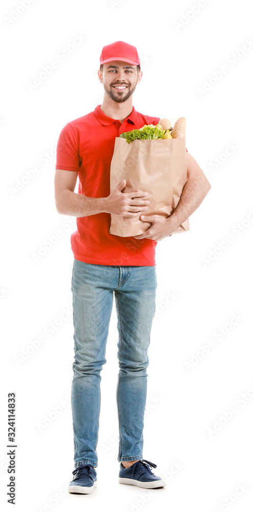 Handsome worker of food delivery service on white background Handsome worker of food delivery service on white background