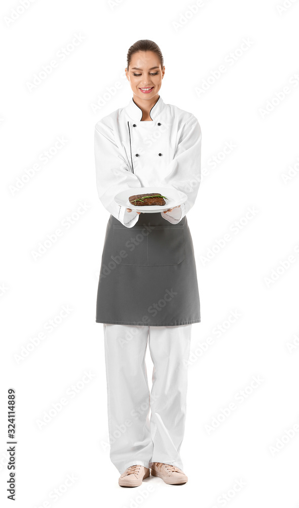 Beautiful female chef with tasty meat on white background Beautiful female chef with tasty meat on white background