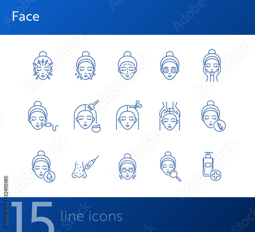 Face line icon set. Woman, female, head, massage, moistening, peeling. Beauty care concept. Can be used for topics like skin care, cosmetologist, dermatology