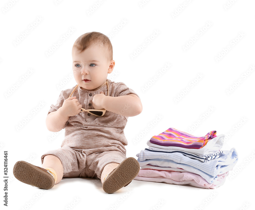 Cute baby with stylish clothes on white background Cute baby with stylish clothes on white background