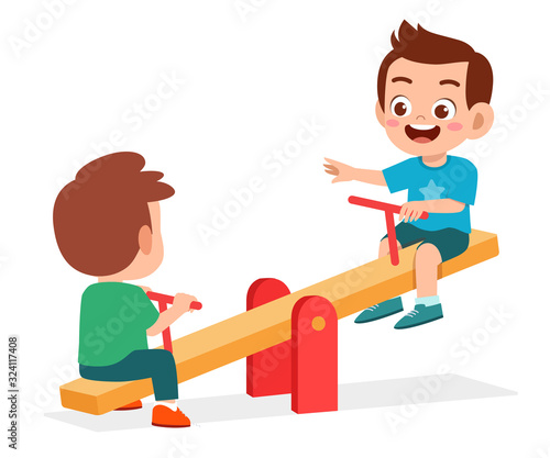 happy cute kid boy and girl play seesaw together
