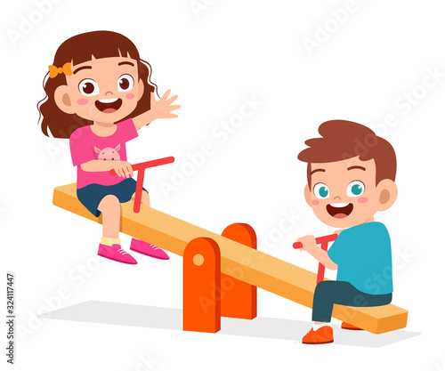 happy cute kid boy and girl play seesaw together