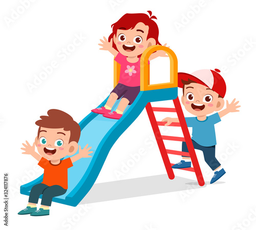 happy cute kid boy and girl play slide together