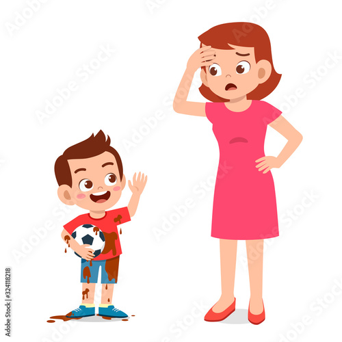mom see her little kid boy play mud