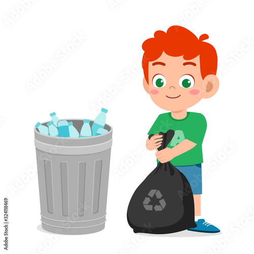 happy cute little kid boy collect trash