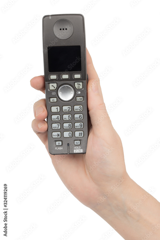 Female hand holds a phone with a blank screen, isolated on white background Female hand holds a phone with a blank screen, isolated on white background