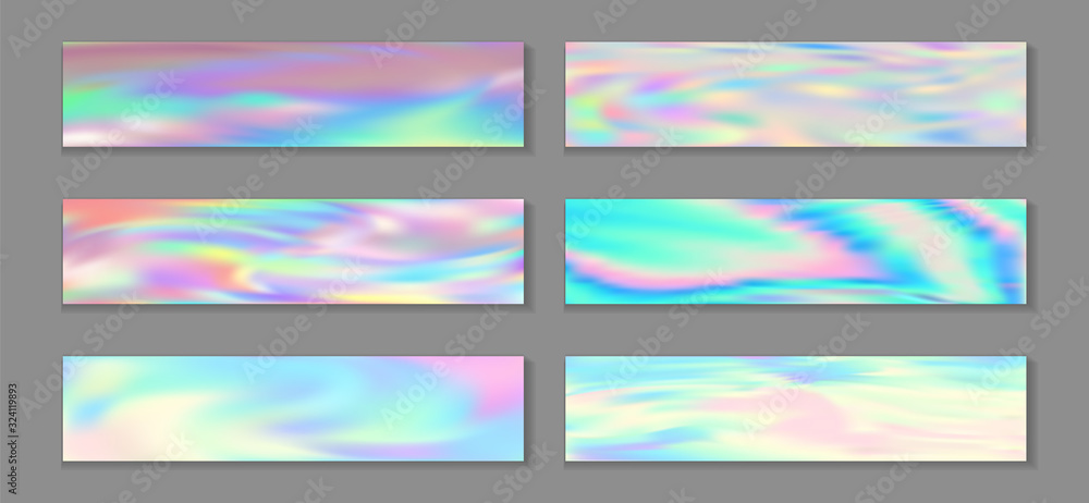 Holographic blurred flyer horizontal fluid gradient unicorn backgrounds vector set. Silk neon holo 