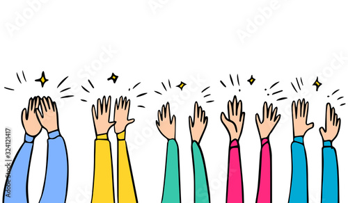 Hand Drawn sketch style of Human hands clapping ovation. applause, thumbs up gesture on doodle style , vector illustration.