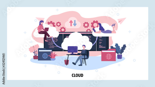 Cloud technology and data computing. Cloud storage service. Distributed business and developer team. Vector web site design template. Landing page website concept illustration