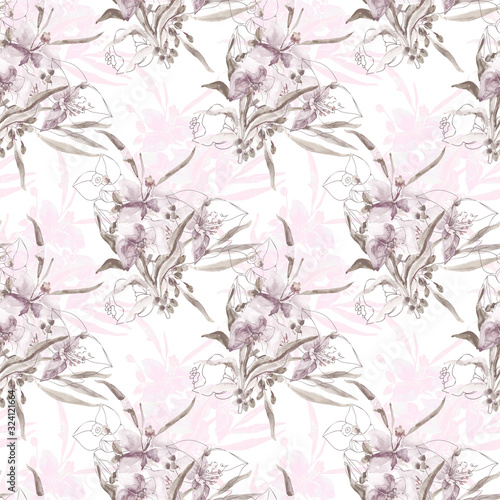 Spring flowers. Seamless pattern. Pattern on white and color background.