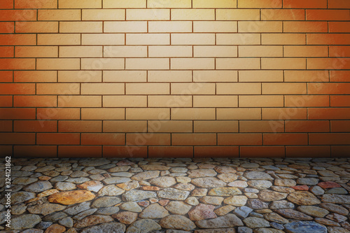 The walls are orange brick and the stone floor