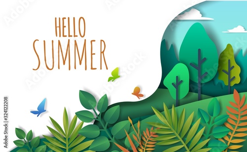 Hello Summer  vector paper art style illustration