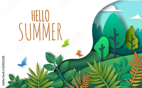 Hello Summer, vector paper art style illustration