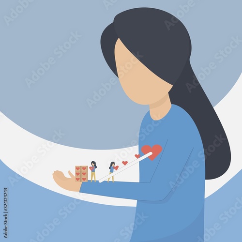 self care and self compassion concept,woman or girl delivering a red heart to herself,Vector illustration design.