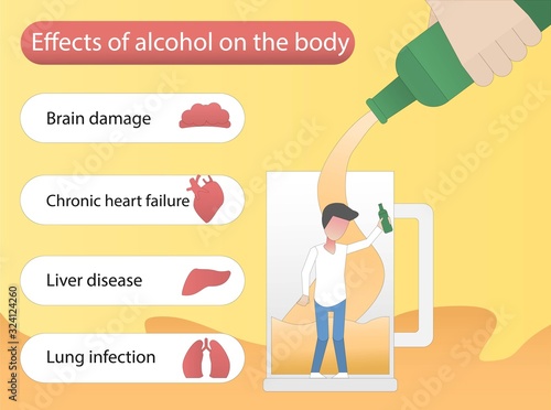 Effects of alcohol on the body health concept.man drinking until drunk,hand pour the green bottle liquor into the glass,Illustration of internal organs.Brain, heart, liver, lung.Vector infographic