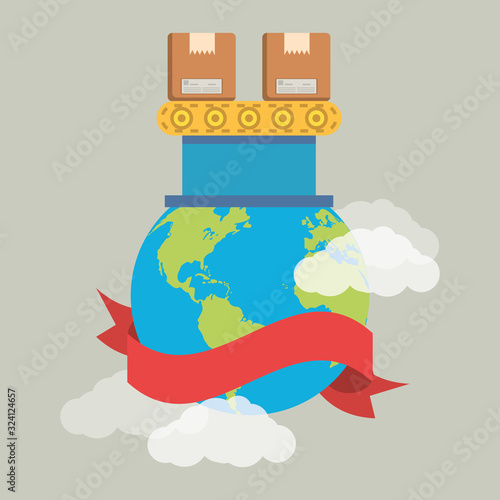 boxes carton in transport band and world planet