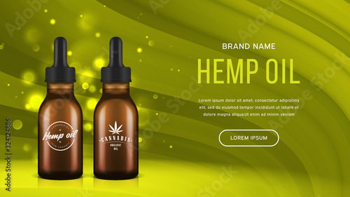 Hemp oil mock up banner. Realistic bottles with medical cannabidiol product. Vector cannabis oil promo poster with shining green waves background