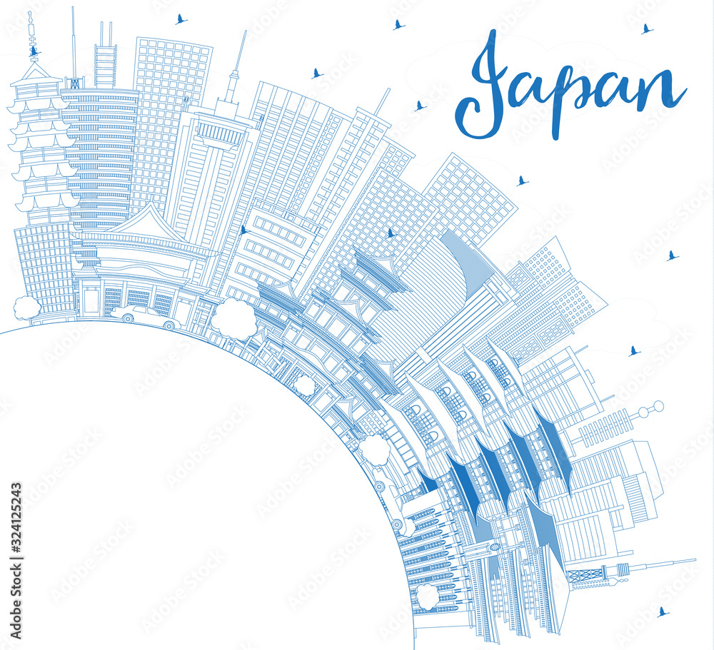 Outline Welcome to Japan Skyline with Blue Buildings and Copy Space.