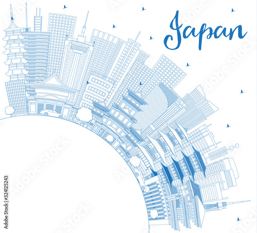 Outline Welcome to Japan Skyline with Blue Buildings and Copy Space.