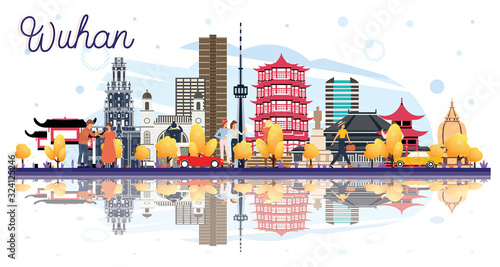 Wuhan China City Skyline with Color Buildings and Reflections Isolated on White.