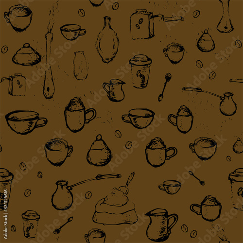Pencil drawing of coffee elements, mugs, coffee grinder, spoons, turk for making coffee. Vector illustration.