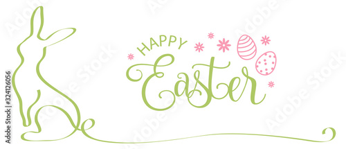Happy easter bunny with easter eggs and text calligraphy banner isolated