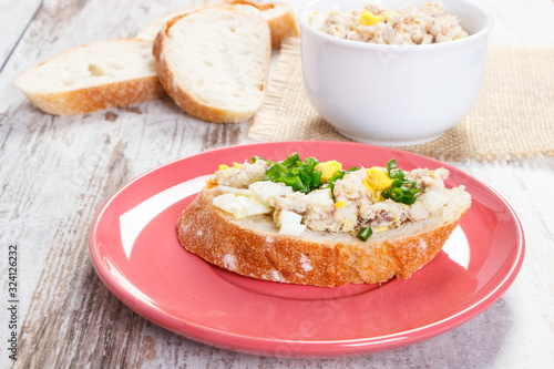 Mackerel or tuna fish paste sandwiches with egg and chives