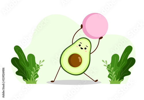 Avocado yoga with pink fitball. Avocado character design on white background. Morning exercises or yoga for pregnant women. Cute illustration for greeting cards, stickers, fabric, websites and prints.