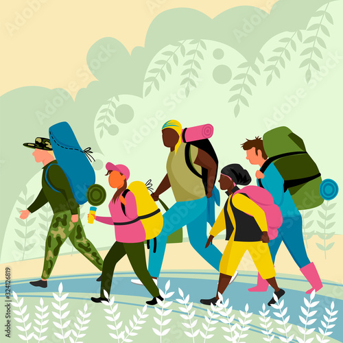 tourists. a group of people with backpacks goes on a walking tour in nature. vector