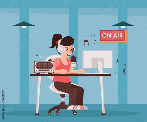 female announcer with radio microphone and earphones