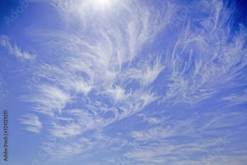 The soft, blurred white clouds in the bright sky.