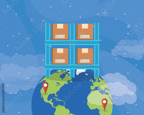 shelving with boxes packing in world planet postal service