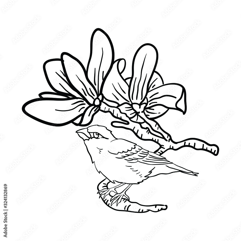 Fototapeta premium Ilustracja wektorowa Kwiat z rysowaniem linii ptaków