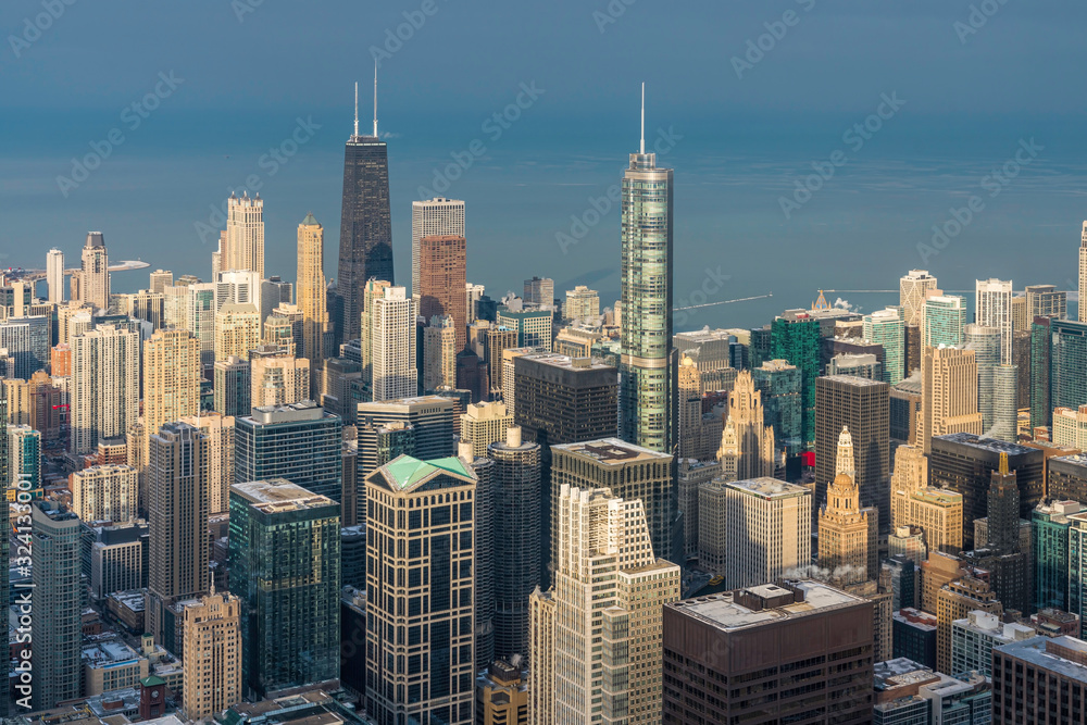 Downtown Chicago aerial view, late afternoon light, winter scenery