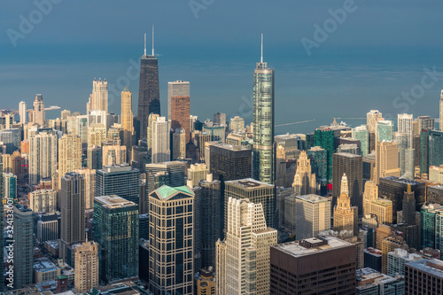 Downtown Chicago aerial view  late afternoon light  winter scenery