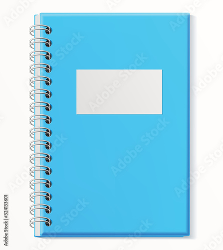 Notebook, closed copybook with empty cover realistic vector illustration. Diary with blue blank hardcover mock up. Notepad with metal spiral. Planner, office organizer isolated on white background