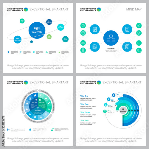 Set of creative marketing concept infographic charts. Can be used for workflow layout, report, presentation slide, web design. Business and accounting concept with flow, percentage, radial bar charts
