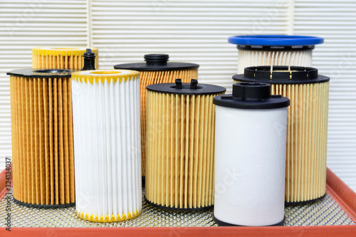 Auto filters close-up. New spare parts for the car.