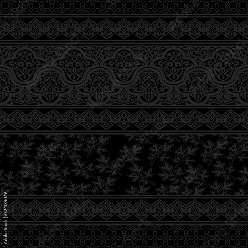 Damask black seamless background. Filigree oriental luxury ornament. Decorative colorful pattern in mosaic ethnic style.