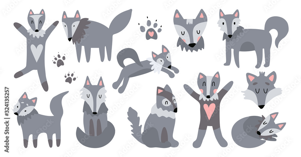 Vector set of illustrations of cute wolves. The good wolf sleeps, jumps, hugs, runs, sits. Suitable for animation, design of children's textiles, printing on children's toys.