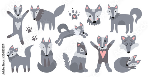 Obraz na płótnie Vector set of illustrations of cute wolves. The good wolf sleeps, jumps, hugs, runs, sits. Suitable for animation, design of children's textiles, printing on children's toys. w salonie